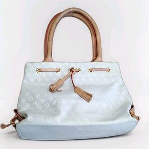 Dooney and Bourke Off White Canvas & Leather Trim Signature Tassel Tote Handbag